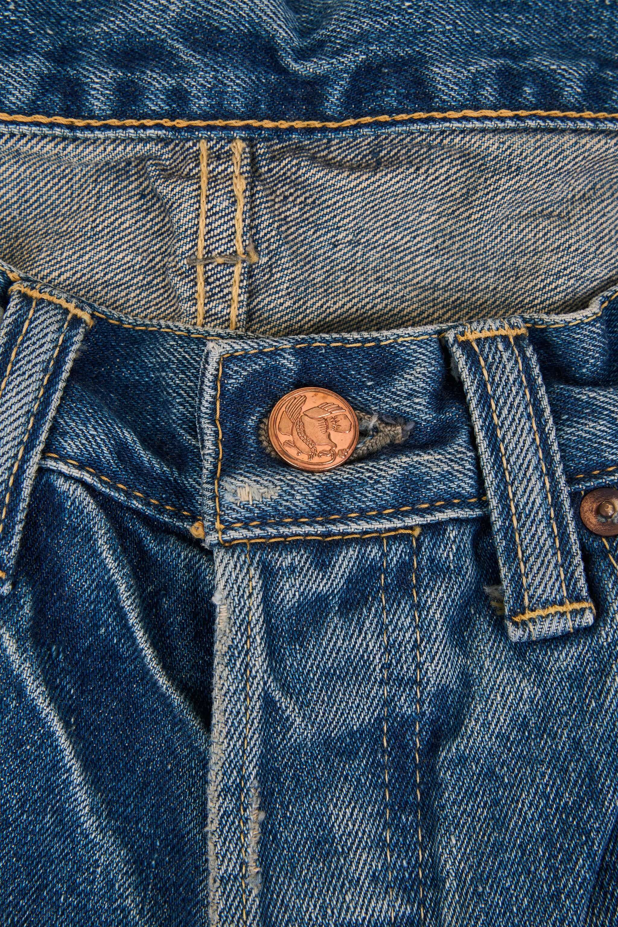 Godspeed 1950UV Wide Leg Vintage Wash Selvedge Jeans – brass button fly with embossed logo