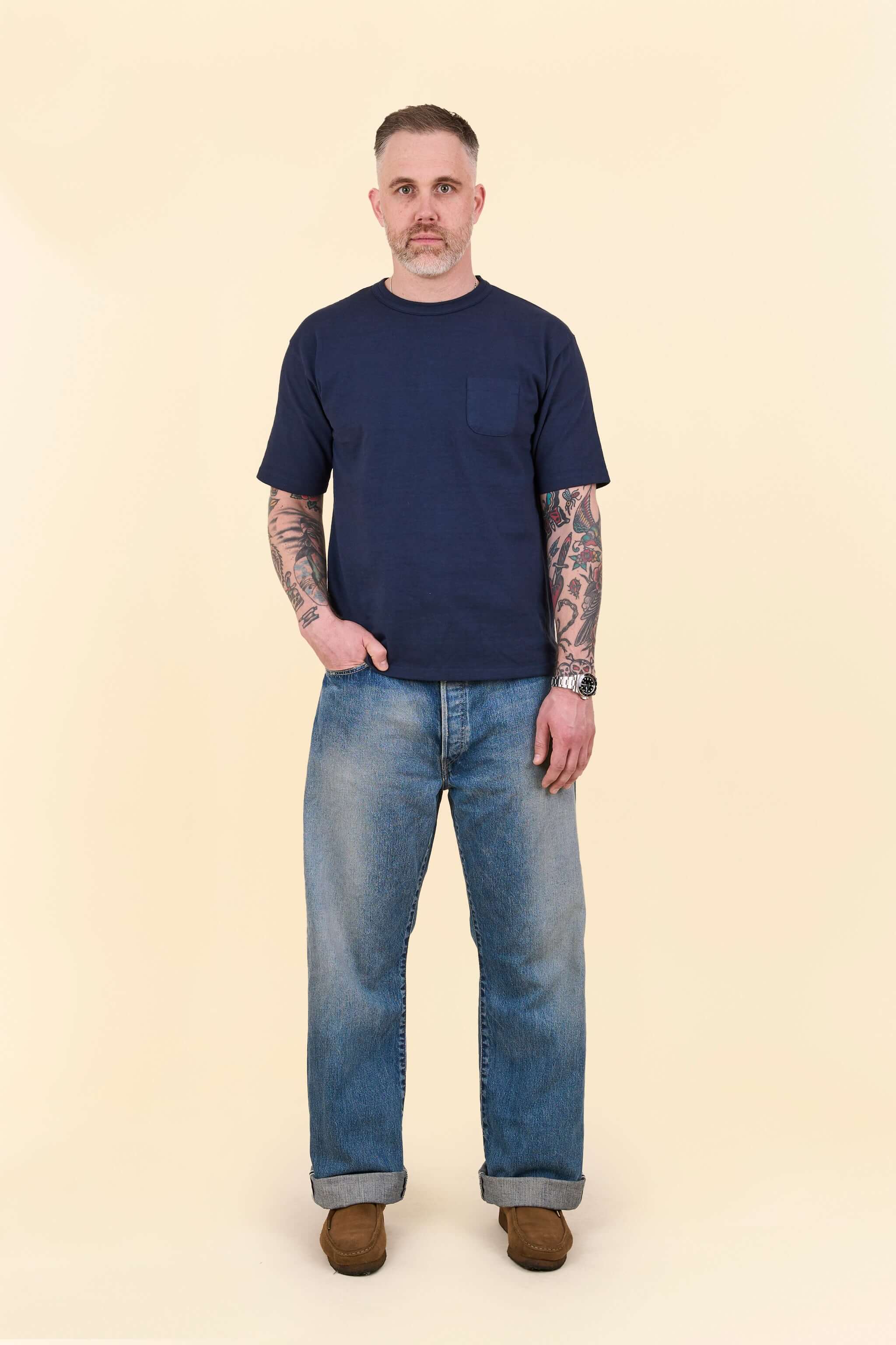 Godspeed 1950UV 13oz Vintage Wash Wide Straight Japanese Selvedge Jeans – front view on model wearing navy t-shirt.