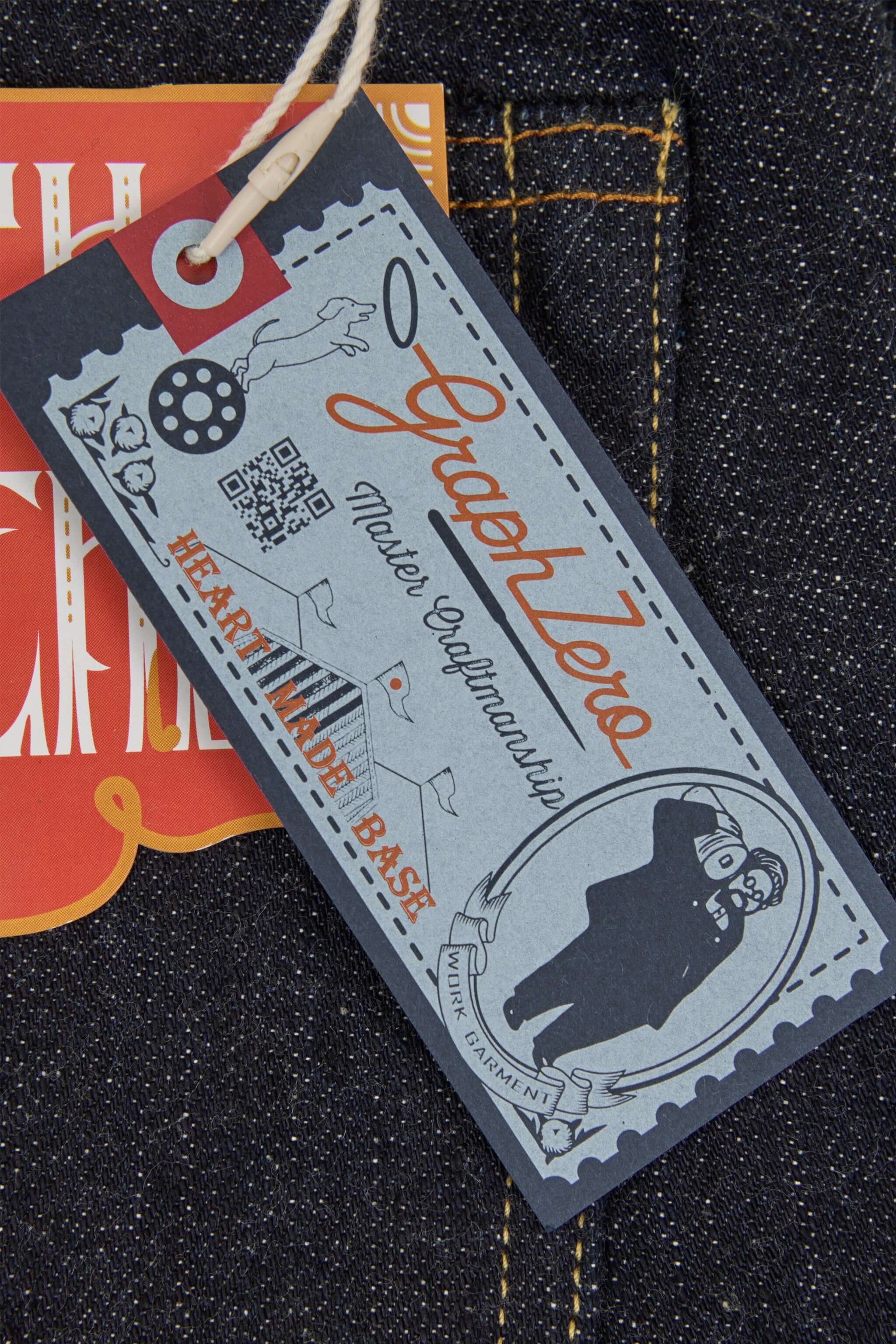 Graph Zero Heritage Denim - 13oz product tag showcasing craftsmanship and details.