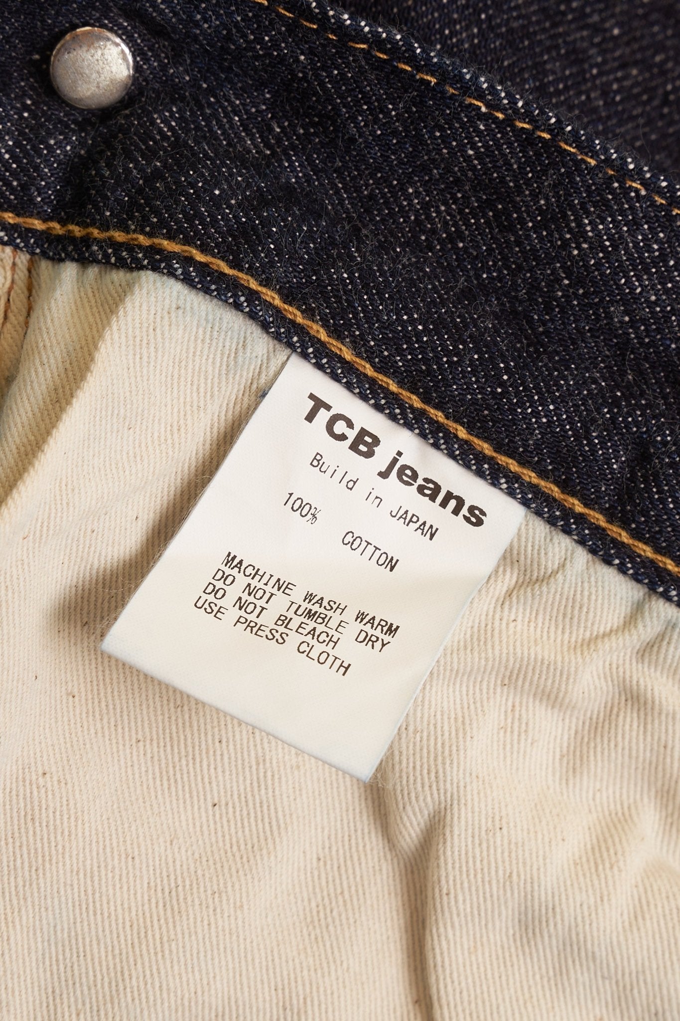 TCB Jeans 20's Straight Selvedge Denim label with 100% cotton pocket bag