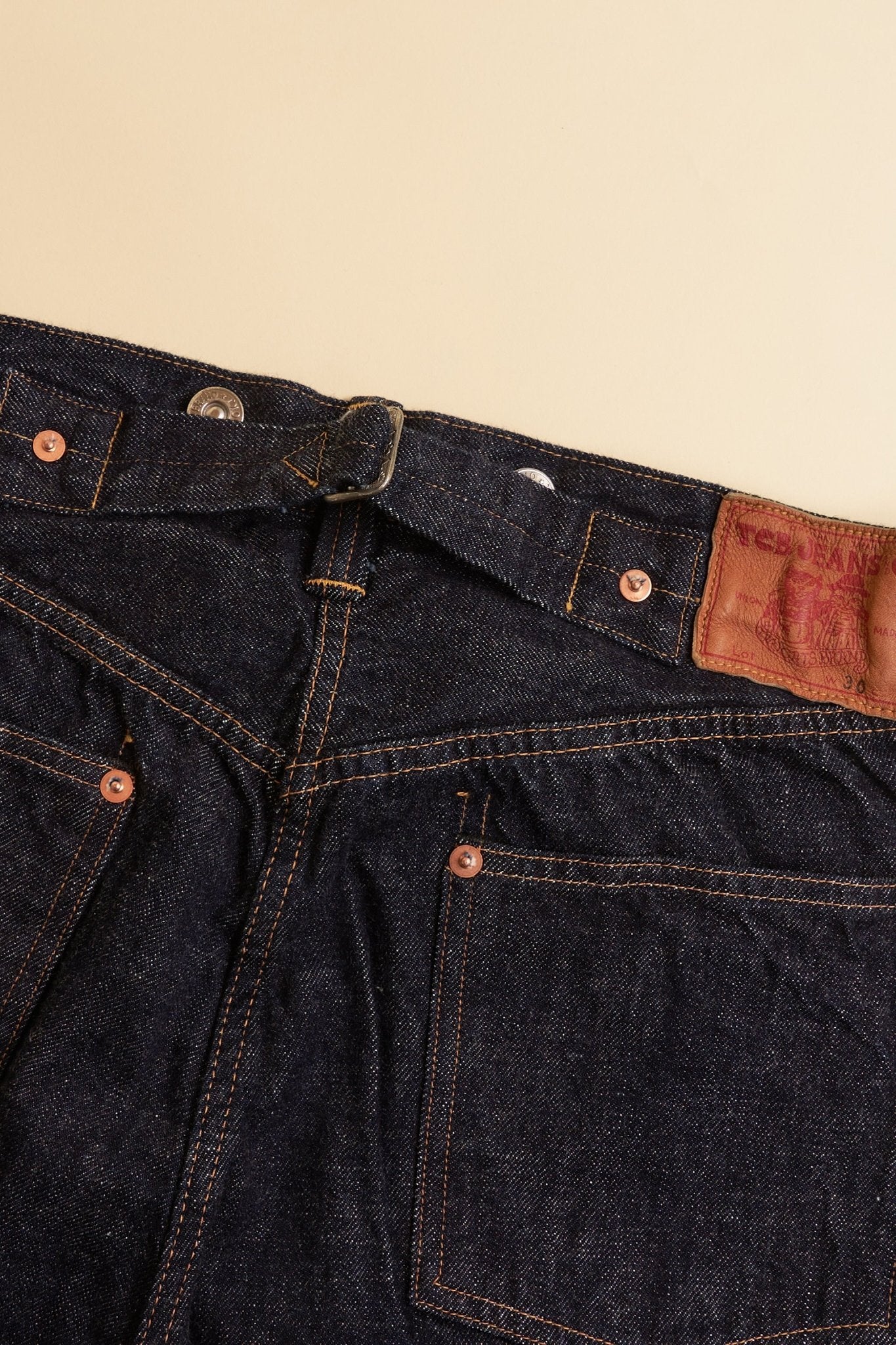 TCB 20’s Jeans – rear profile showing leather patch and buckle-back adjuster