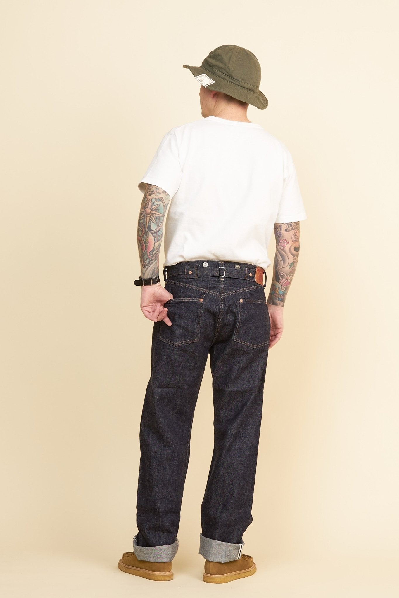 TCB 20’s Jeans – back profile showing back buckle adjuster, straight-leg fit and classic 1920s cut.
