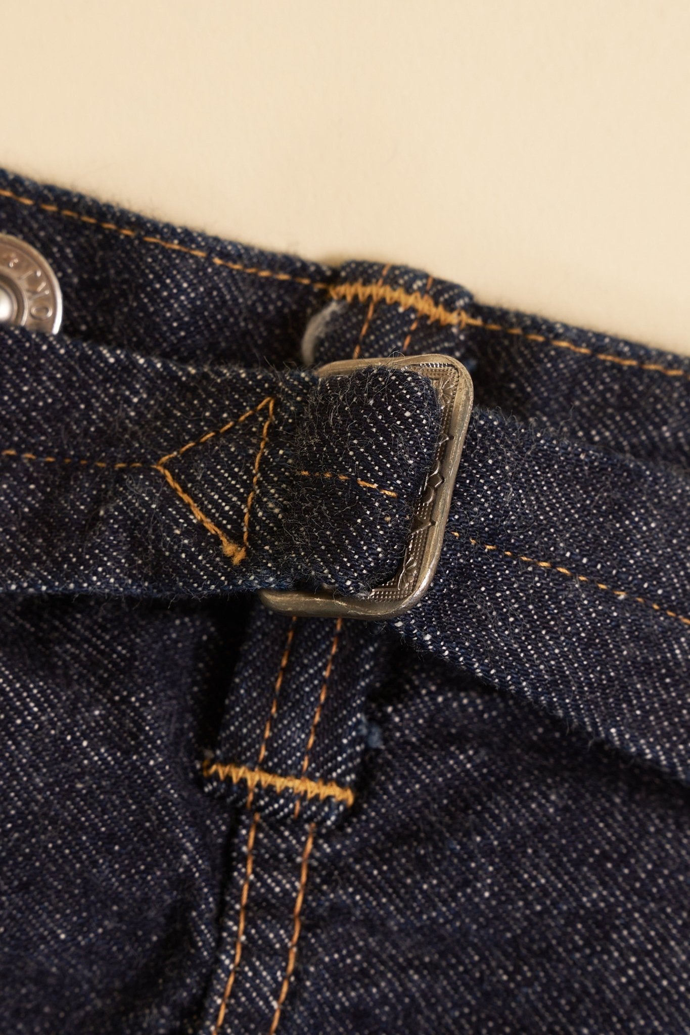 TCB Jeans 20's Straight Selvedge Denim - rear nickel cinch back adjuster