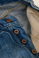 Godspeed 1950UV Selvedge Jeans – washed denim and brass button fly with embossed logo