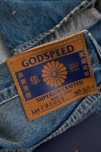 Godspeed 1950UV 13oz Vintage Wash Wide Straight Japanese Selvedge Jeans – leather patch with hand-stamped logo detail