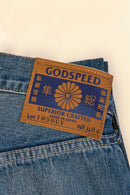 Godspeed 1950UV Japanese Selvedge Jeans – leather patch with hand-stamped branding
