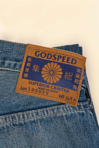 Godspeed 1950UV Japanese Selvedge Jeans – leather patch with hand-stamped branding
