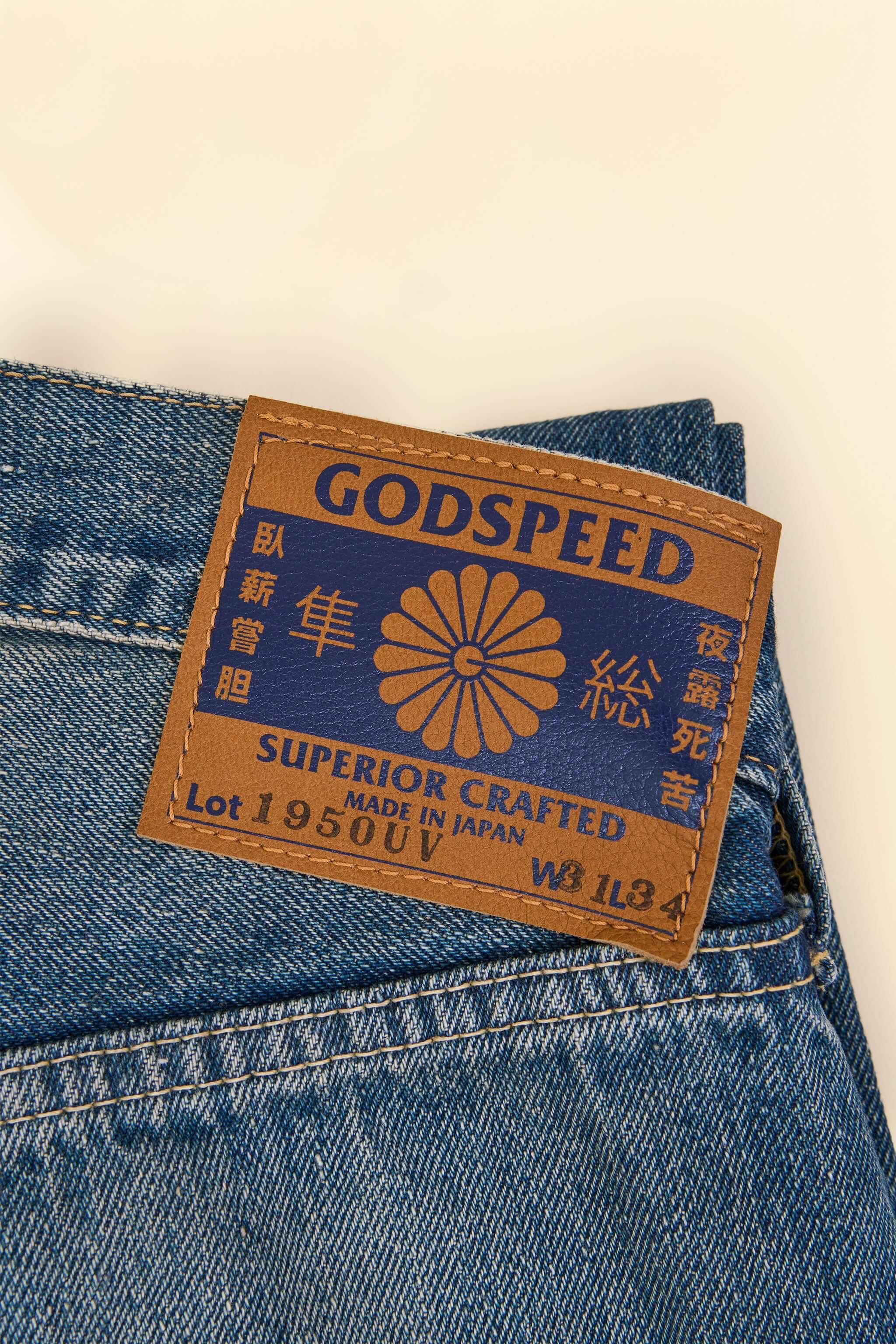 Godspeed 1950UV Japanese Selvedge Jeans – leather patch with hand-stamped branding
