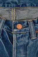Godspeed 1950UV Wide Leg Vintage Wash Selvedge Jeans – brass button fly with embossed logo
