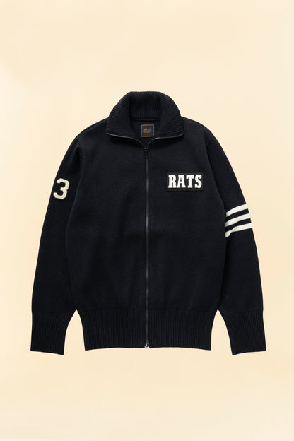 Black knit jacket with 'RATS' and number '3' and three stripes on the arm
