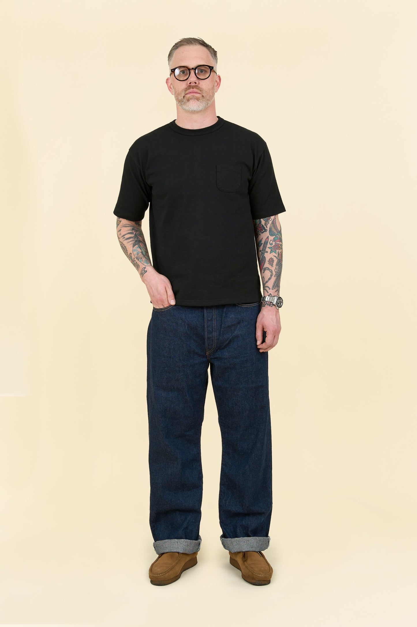 Godspeed 1950 “U” 13oz Wide-Straight Japanese Selvedge Jeans – front-on fit view showing higher rise and relaxed silhouette.
