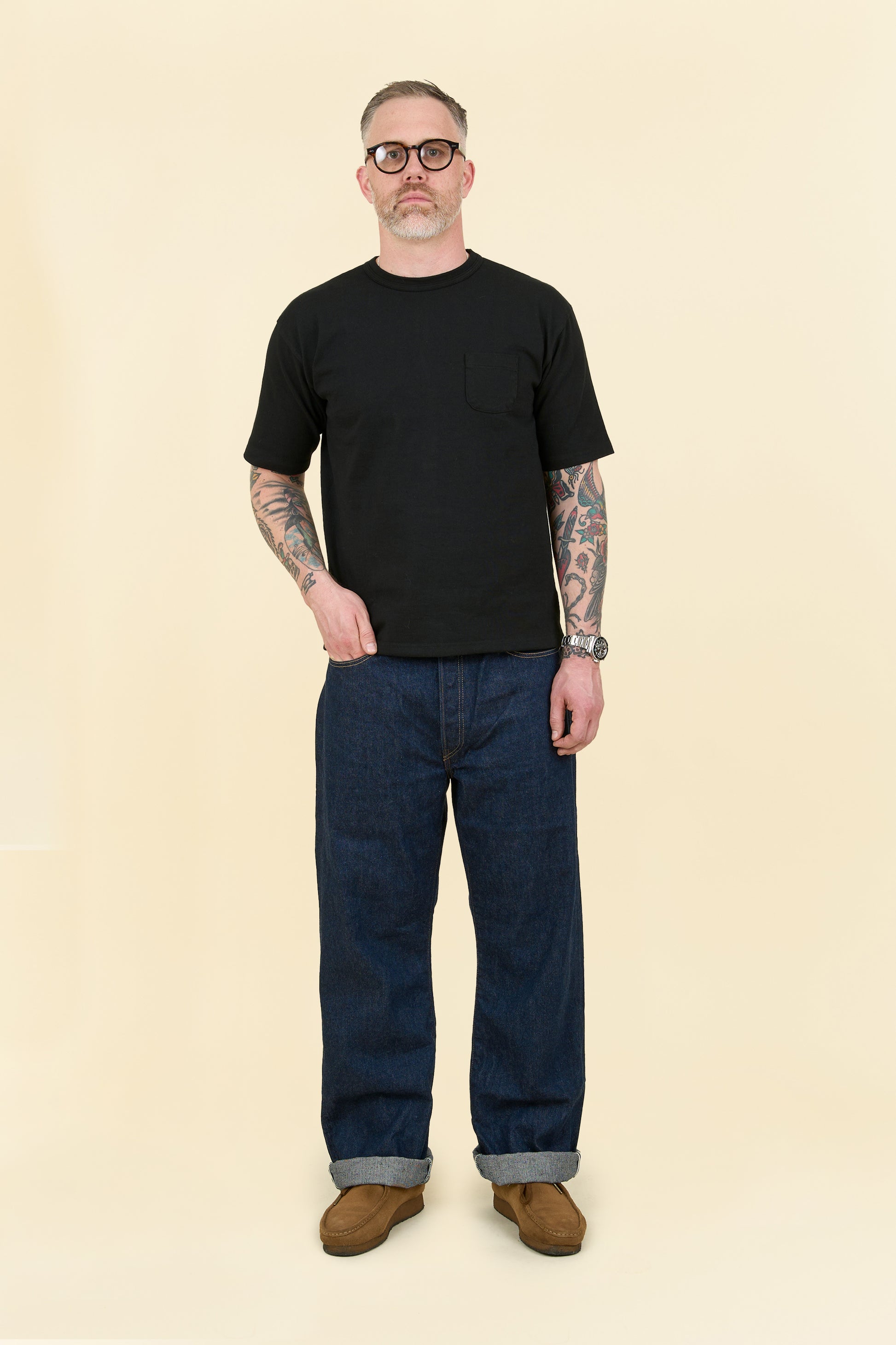 Godspeed 1950 “U” 13oz Wide-Straight Japanese Selvedge Jeans – front-on fit view showing higher rise and relaxed silhouette.
