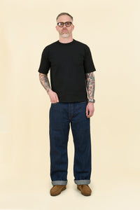 Godspeed 1950 “U” 13oz Wide-Straight Japanese Selvedge Jeans – front-on fit view showing higher rise and relaxed silhouette.
