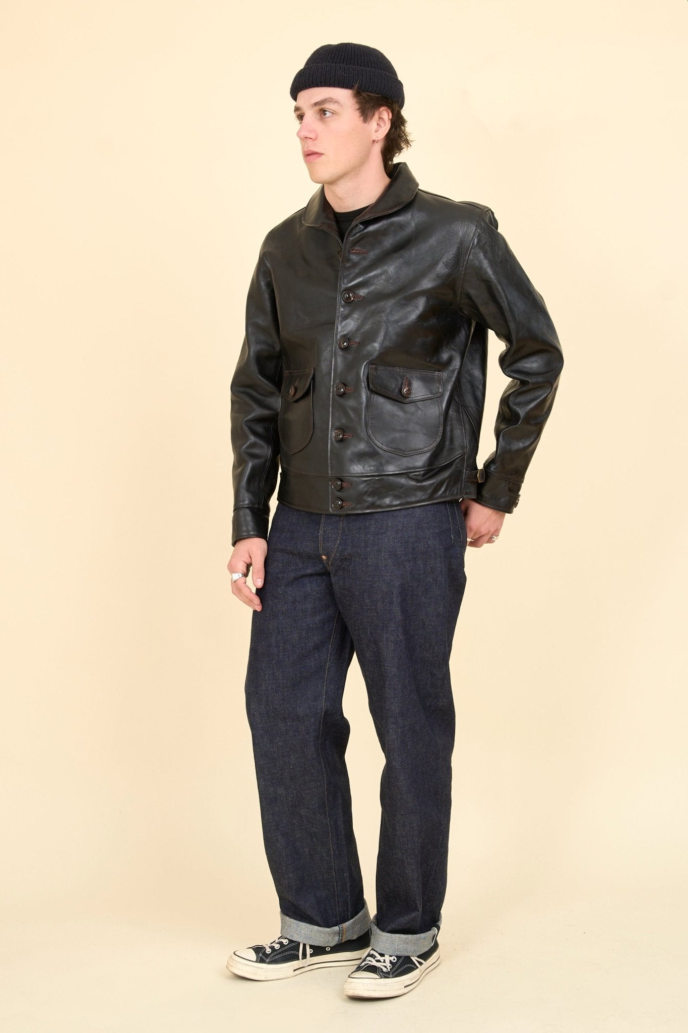 Double Helix Classic 1920s Horsehide Jacket – side profile highlighting rounded collar and classic silhouette.
