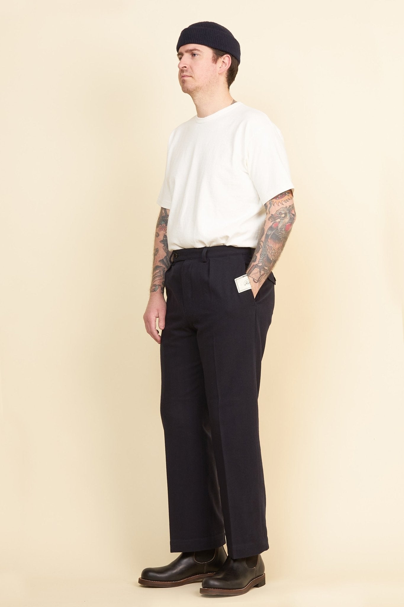 Addict Clothes Single Pleated Herringbone Army Trousers - Navy -Addict Clothes - URAHARA