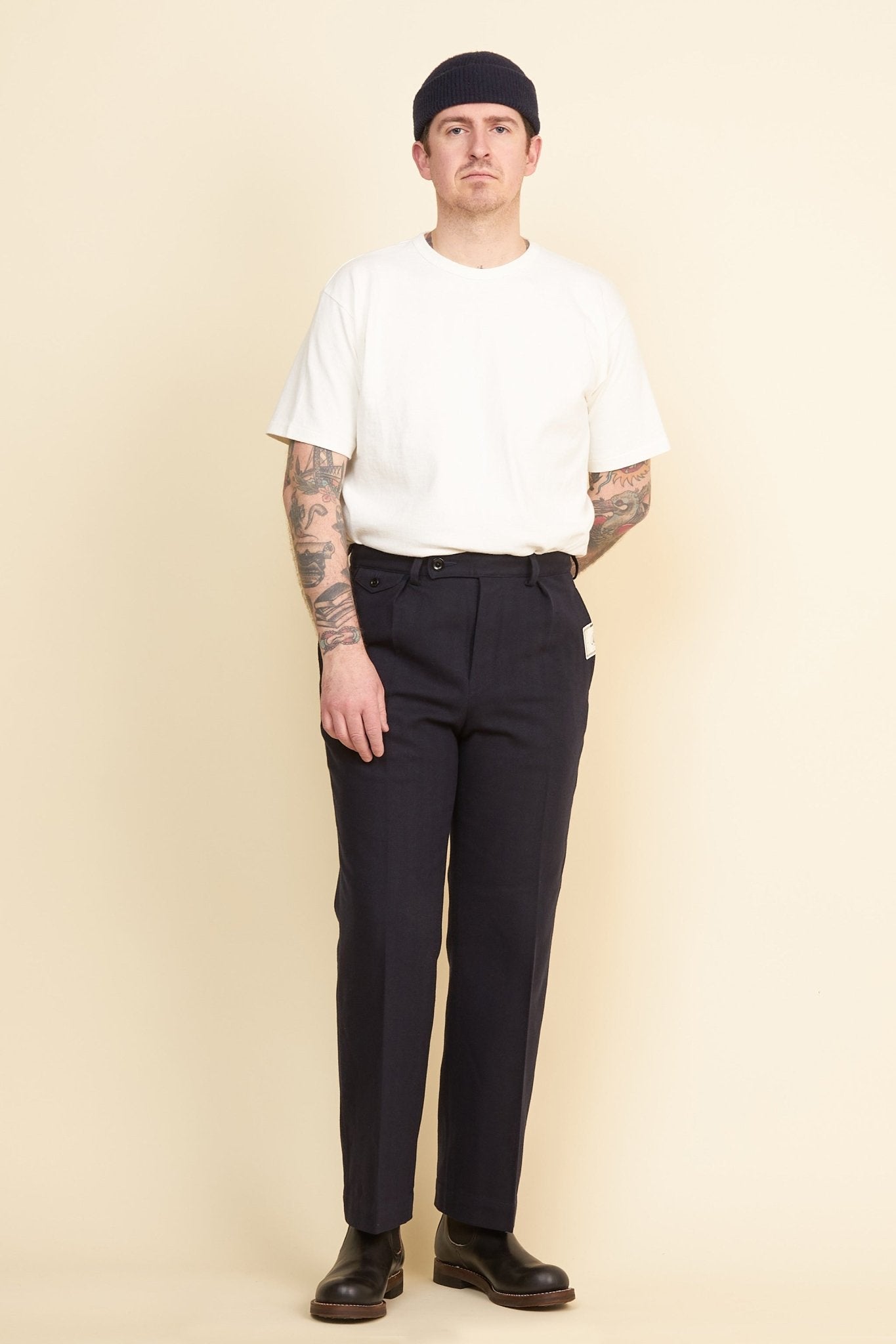 Addict Clothes Single Pleated Herringbone Army Trousers - Navy -Addict Clothes - URAHARA