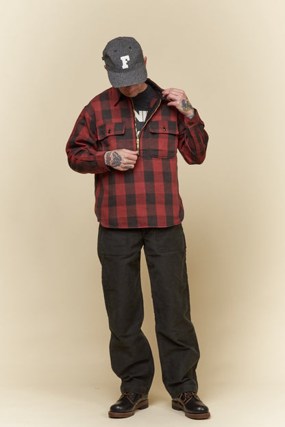 Fullcount Half Zip Pullover Classic Buffalo Check Flannel Shirt - Burgundy -Fullcount - URAHARA