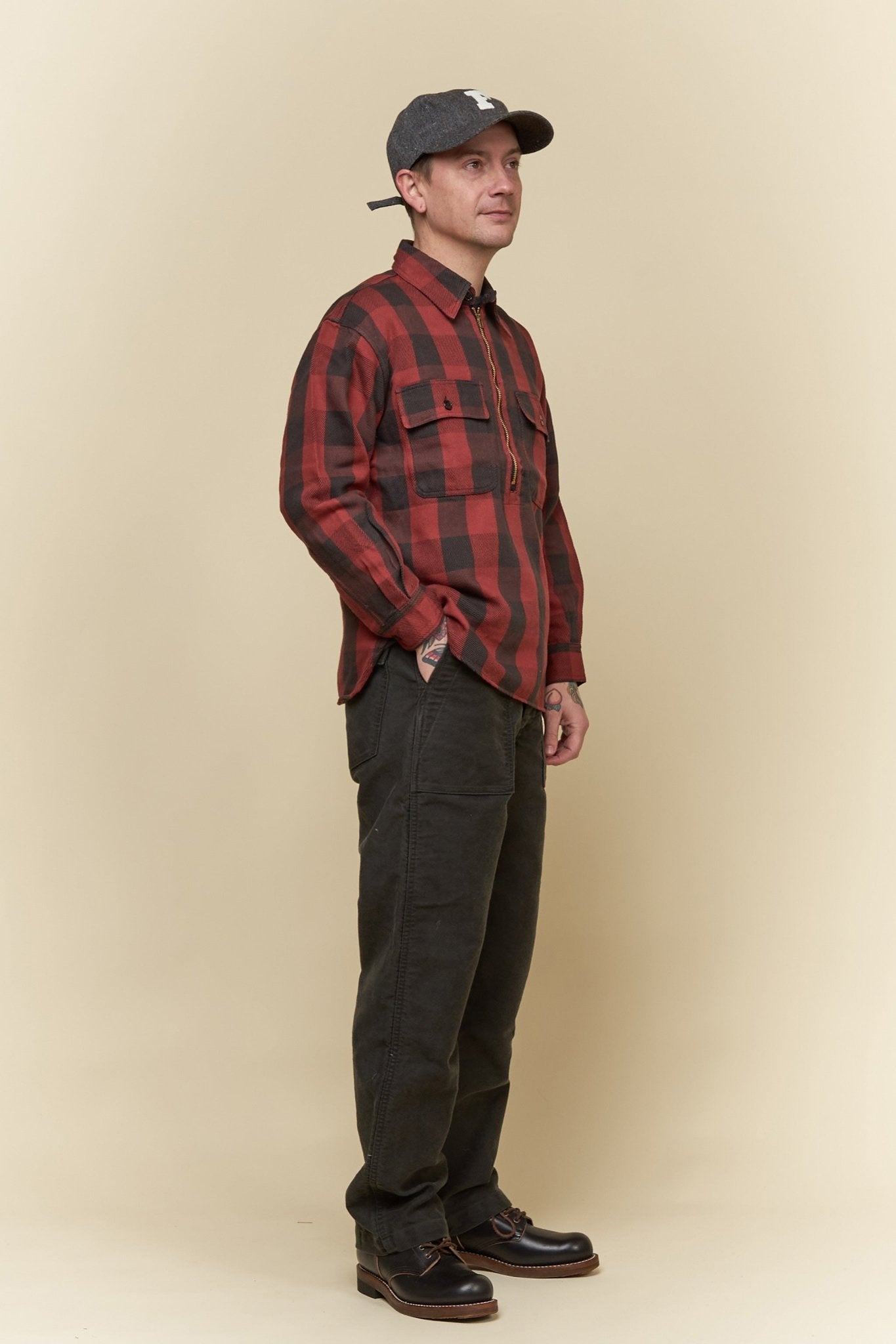 Fullcount Half Zip Pullover Classic Buffalo Check Flannel Shirt - Burgundy -Fullcount - URAHARA