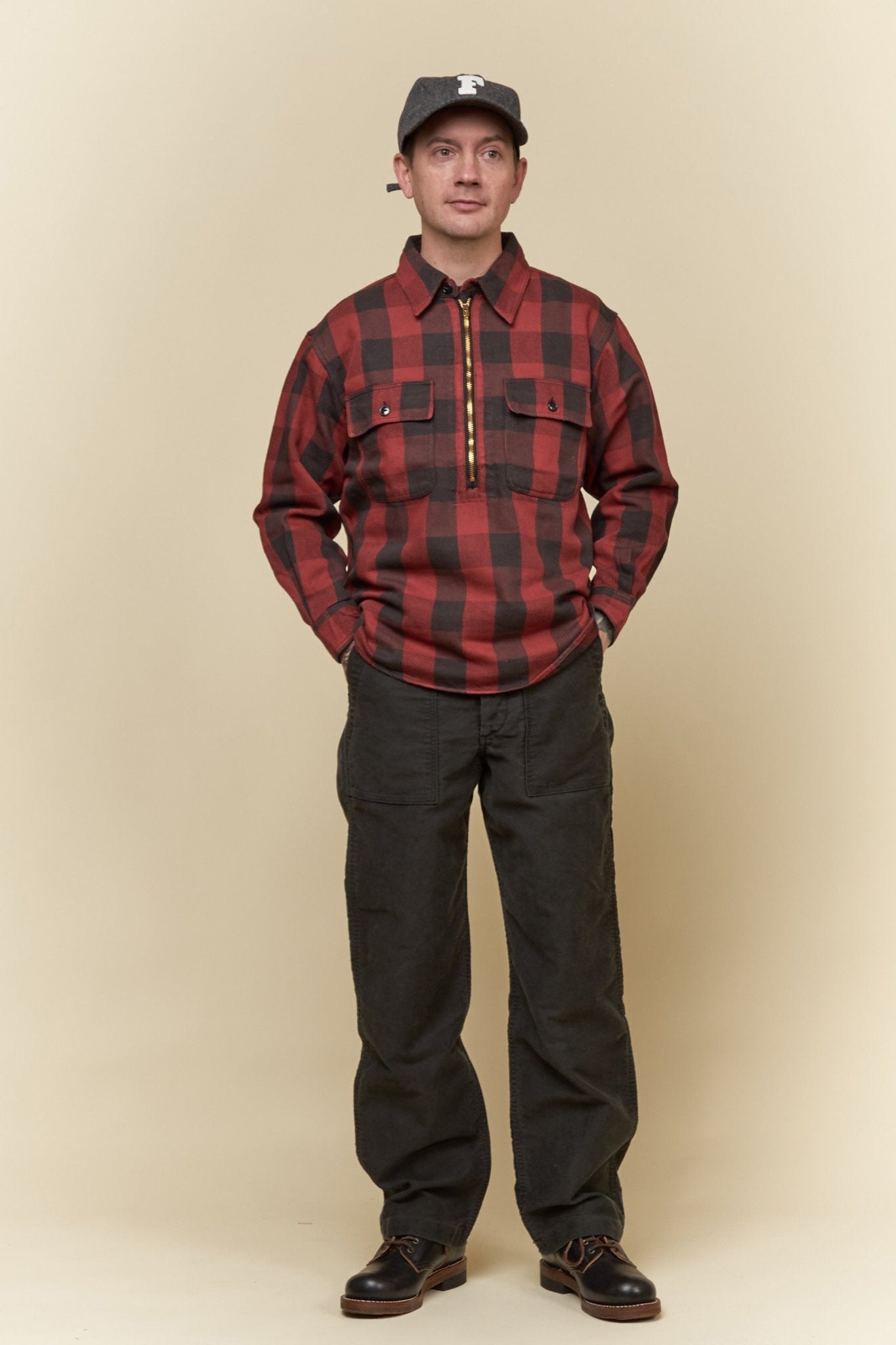 Fullcount Half Zip Pullover Classic Buffalo Check Flannel Shirt - Burgundy -Fullcount - URAHARA