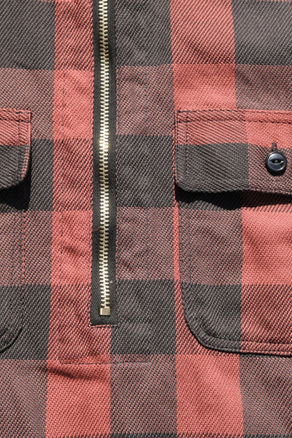 Fullcount Half Zip Pullover Classic Buffalo Check Flannel Shirt - Burgundy -Fullcount - URAHARA