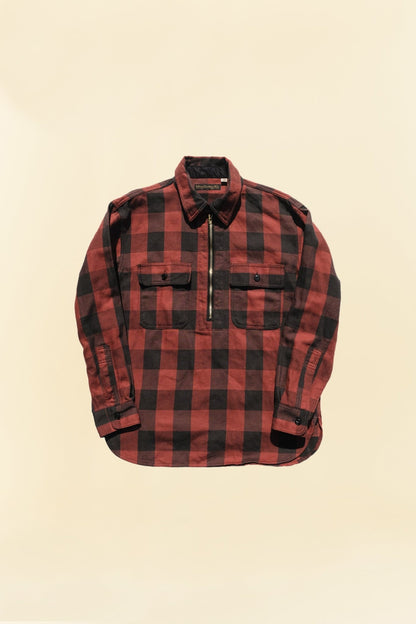 Fullcount Half Zip Pullover Classic Buffalo Check Flannel Shirt - Burgundy -Fullcount - URAHARA