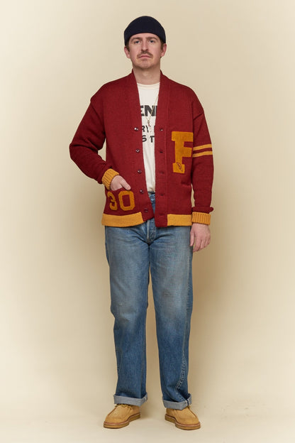 Fullcount Husk Wool Letterman Cardigan - Burgundy -Fullcount - URAHARA